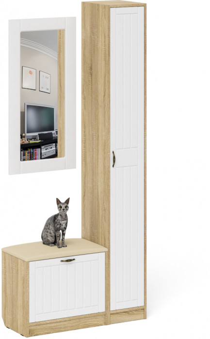 Прихожая П-6 Компоновка № 20, цвет дуб сонома/фасады МДФ белое дерево фрезеровка прованс, ШхГхВ 90х35х210 см., универсальная сборка