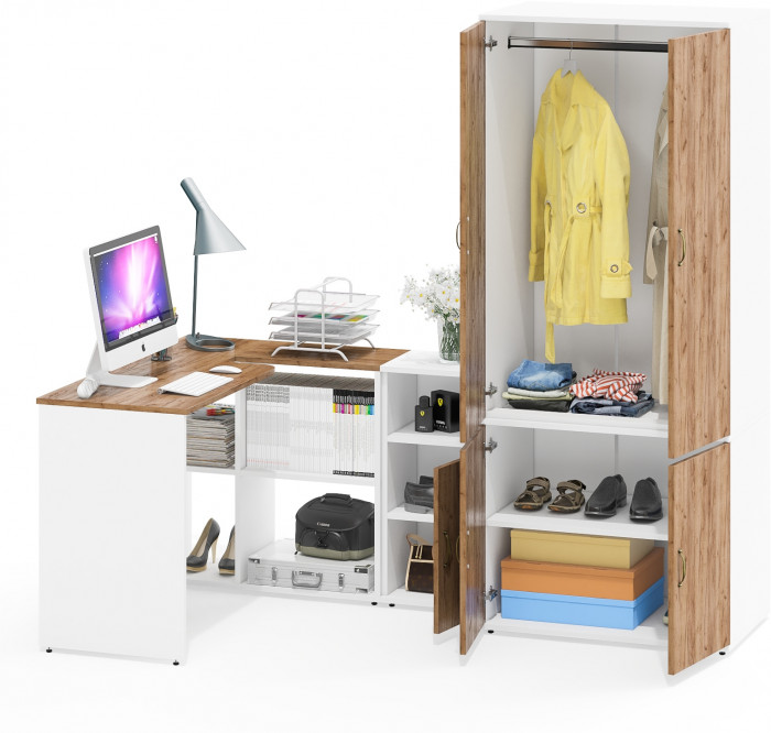 Лидер-8 Стол + Тумба МД 3.19 + Шкаф МД 19Б, белый шагрень/крафт золото