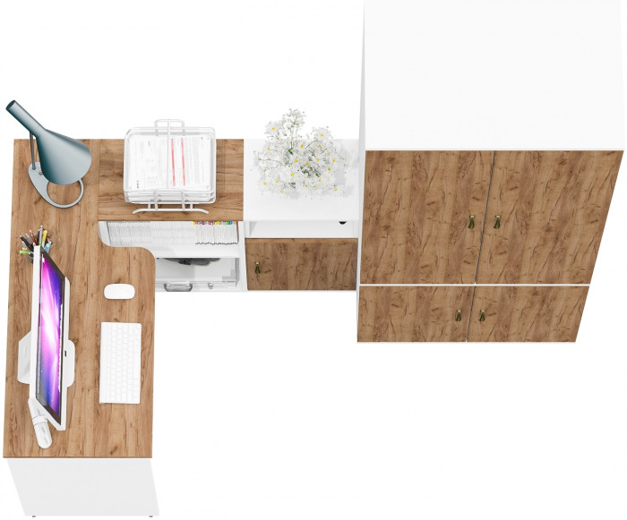 Лидер-8 Стол + Тумба МД 3.19 + Шкаф МД 19Б, белый шагрень/крафт золото