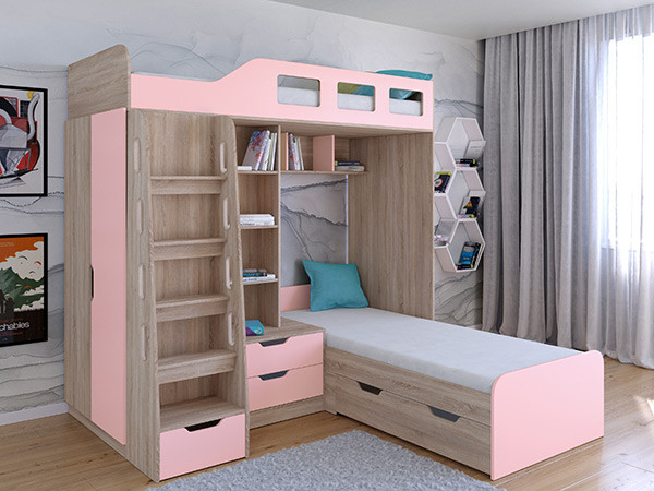 Кровать двухъярусная Астра 4  Сонома/Розовый