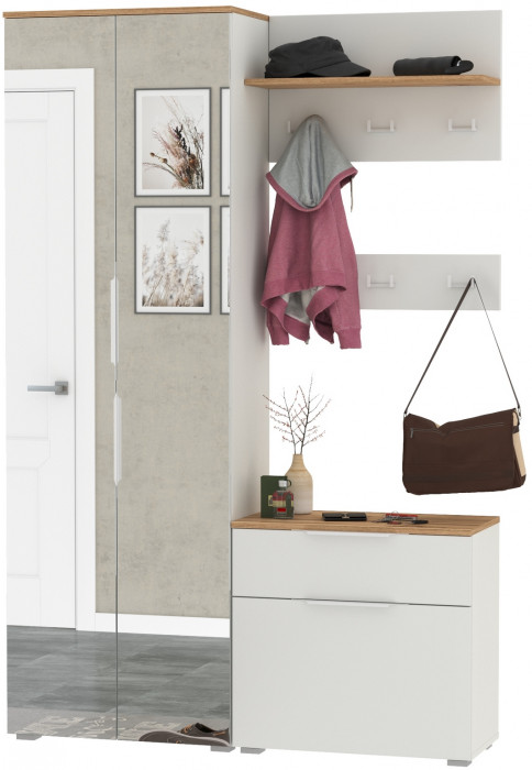 Октава Прихожая 12, цвет белый шагрень/дуб крафт золотой/фасады МДФ белый шагрень, ШхГхВ 129,3х35,4х197,6 см., универсальная сборка