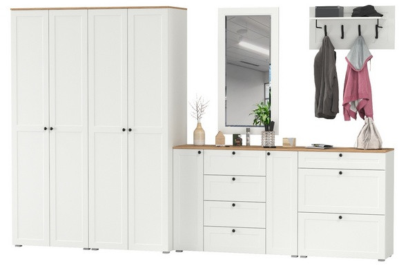 Остин Прихожая 60, цвет белый шагрень/дуб крафт золотой, ШхГхВ 360х54,3х229,6 см., универсальная сборка