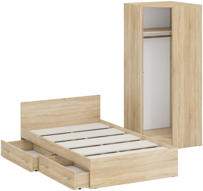 Кровать с ящиками 1200 + Шкаф угловой Стандарт, цвет дуб сонома, ШхГхВ 123,5х203,5х70 + 81,2х81,2х200 см., сп.м. 1200х2000 мм., б/м, основание есть