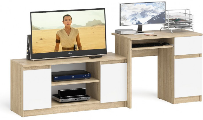 Мори Стол компьютерный МС-1 правый + Тумба МТВ1200.1, цвет дуб сонома/белый, ШхГхВ 210,4х50х76,6 см., выдвижной ящик справа, НЕ универсальная сборка