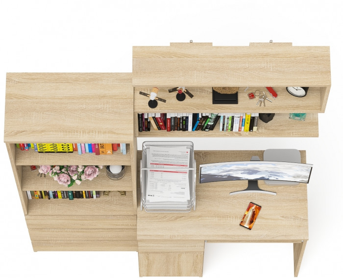 Мори компьютерный стол МС-1 левый + Стеллаж МСТ600.3 + Полка 900, дуб сонома