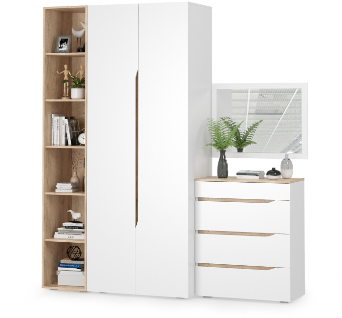 Муссон 13.198 Шкаф + 13.349 Стеллаж + 13.97 Комод + Зеркало СВК, белый/дуб эндгрейн элегантный