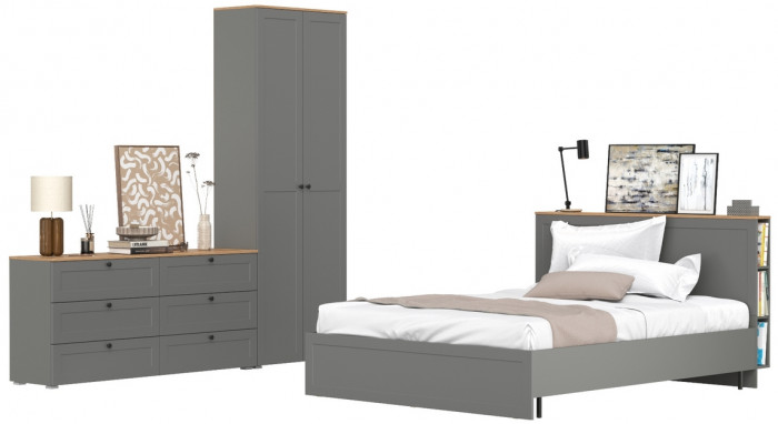 Остин 11.53 Кровать + ортопед + 16.307 Шкаф + 16.240 Комод, серый графит/дуб крафт золотой