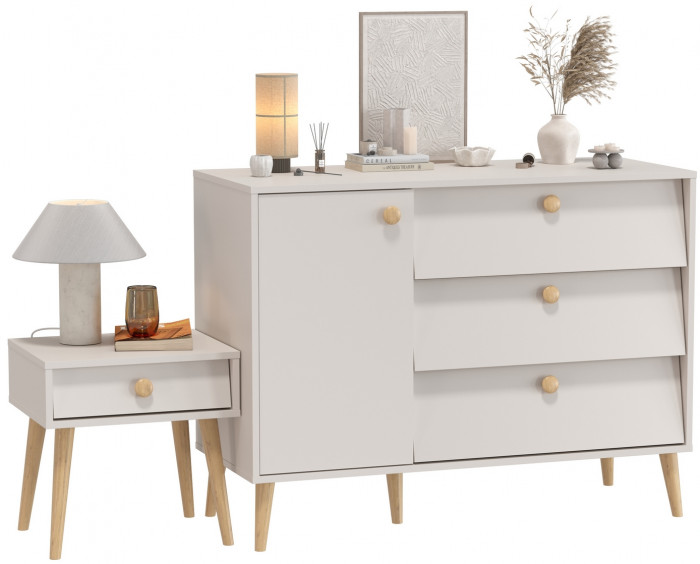 Афина Спальня Комод с дверкой и тремя ящиками + Тумба прикроватная, кашемир серый