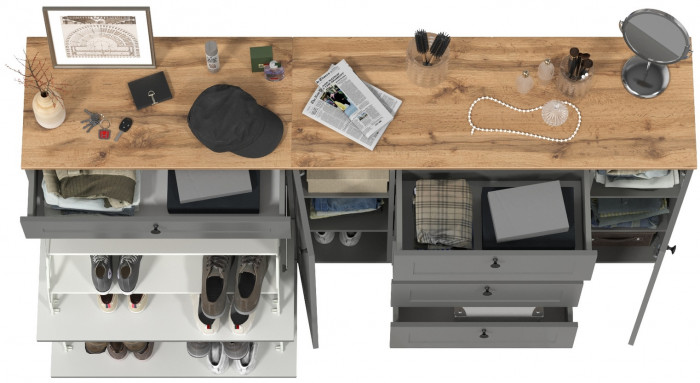 Остин 16.221 Комод + 16.121 Тумба для обуви, цвет серый графит/дуб крафт золотой, ШхГхВ 200х41,9х99,3 см., универсальная сборка