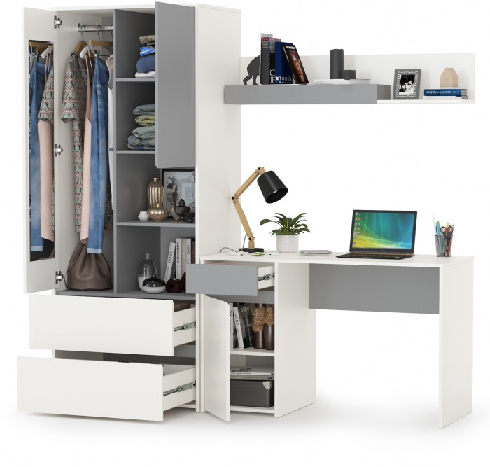Торонто 12.149 Стол + 13.333 Шкаф для одежды + 16.475 Полка, цвет белый шагрень/стальной серый, ШхГхВ 200х53,1х195,7 см., универсальная сборка