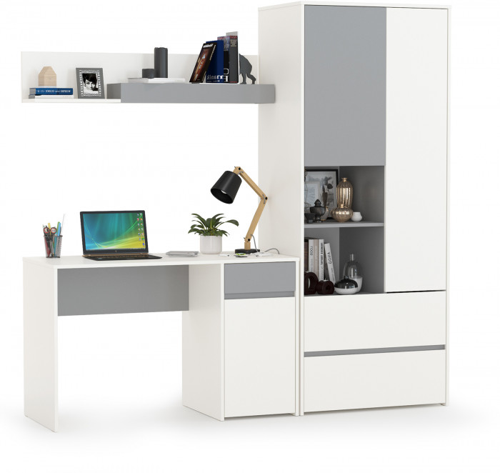 Торонто 12.149 Стол + 13.333 Шкаф для одежды + 16.475 Полка, цвет белый шагрень/стальной серый, ШхГхВ 200х53,1х195,7 см., универсальная сборка