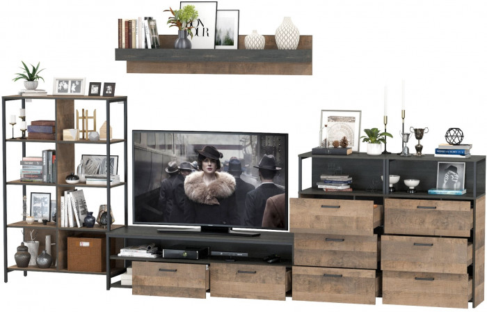 Трувор Гостиная 099, цвет дуб гранж песочный/интра, ШхГхВ 371,8х45,4х195 см., универсальная сборка