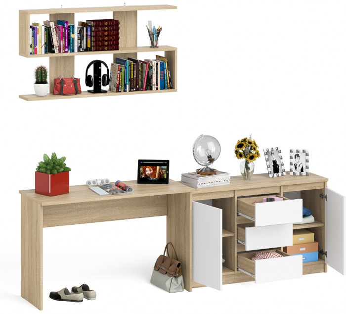 Мори письменный стол МСП1200.1 + Комод МК1200.3 + Полка 1200, дуб сонома/белый