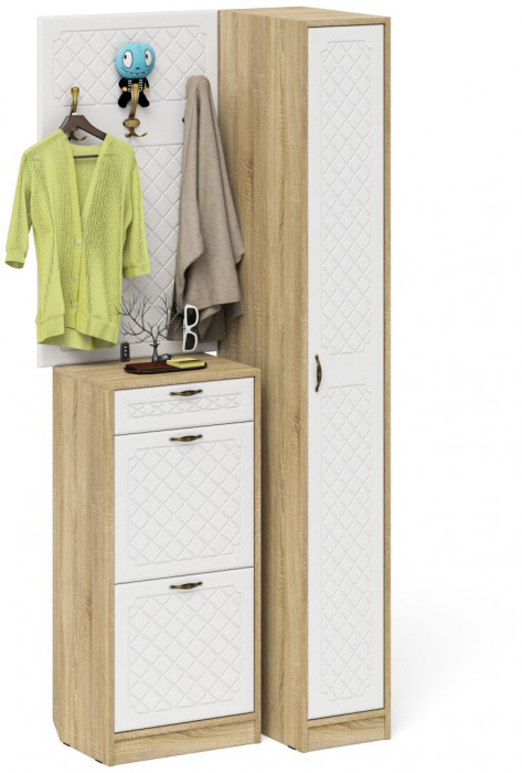 Прихожая П-6 Компоновка № 44, дуб сонома/фасады МДФ белое дерево фрезеровка ромб