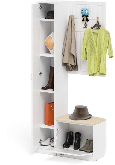 Прихожая П-6 Компоновка № 21, цвет белая шагрень/фасады МДФ белое дерево фрезеровка прованс, ШхГхВ 90х35х210 см., универсальная сборка