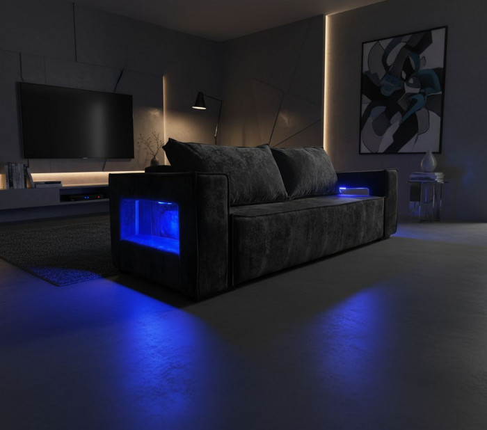 Диван-кровать Лофт Люкс Плюш с подсветкой, еврокнижка, независимый пружинный блок, 140х195, черный