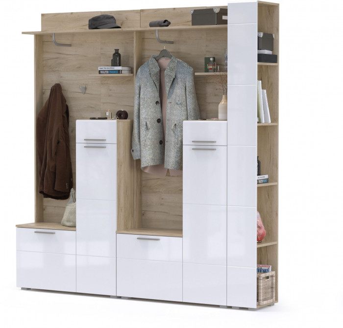 Лайн Прихожая № 07, дуб крафт серый/фасады МДФ белый глянец