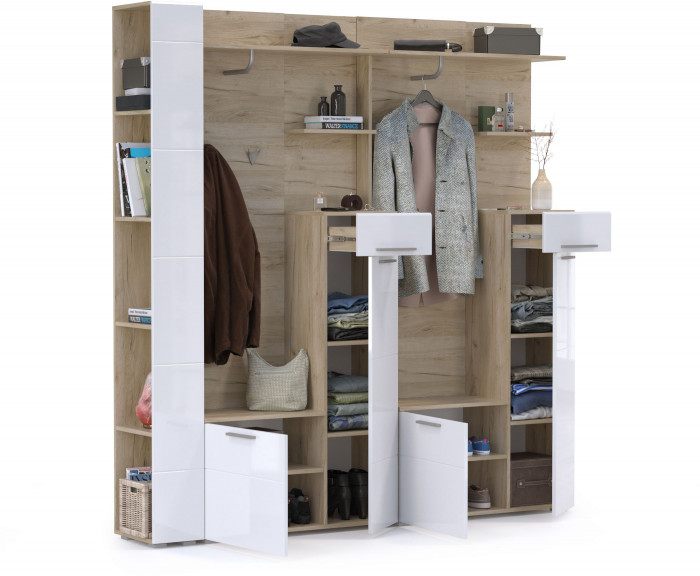 Лайн Прихожая № 07, дуб крафт серый/фасады МДФ белый глянец