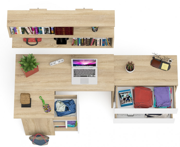 Мори компьютерный стол МС-16 левый + Комод МК800.1 + Полка 1200, дуб сонома/белый