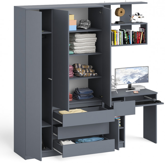Мори Стол компьютерный МС-1 левый + Шкаф МШ1200.1 + Полка 900, цвет графит, ШхГхВ 210,4х50,4х209,6 см., НЕ универсальная сборка