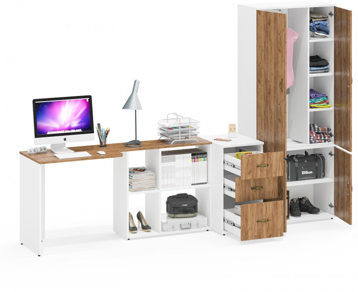 Лидер-8 Стол + Тумба МД 3.16 + Шкаф МД 20Б, белый шагрень/крафт золото