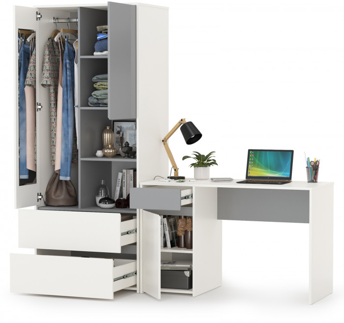 Торонто 12.149 Стол + 13.333 Шкаф для одежды, цвет белый шагрень/стальной серый, ШхГхВ 200х53,1х195,7 см., универсальная сборка