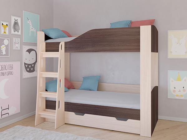 Кровать двухъярусная АСТРА 2 Дуб молочный/Дуб Шамони с ящиком