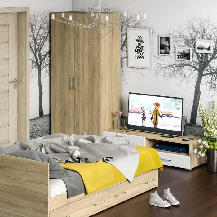 Спальня Стандарт 3-1400Я, дуб сонома/фасады ТВ тумбы МДФ белый глянец