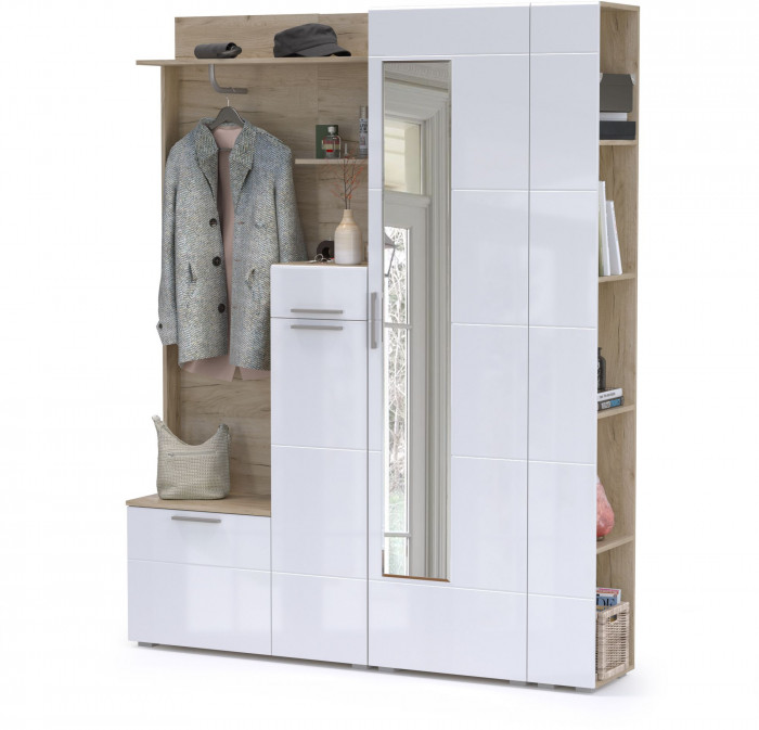 Лайн Прихожая № 08, дуб крафт серый/фасады МДФ белый глянец