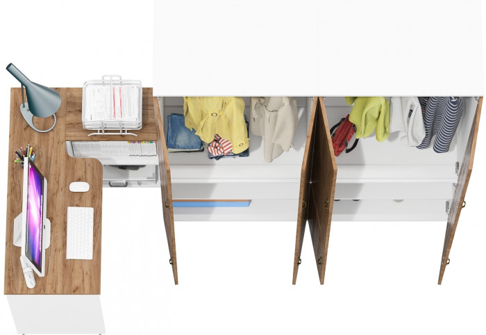 Лидер-8 Стол + Шкаф МД 19Б + Шкаф МД 19Б, белый шагрень/крафт золото