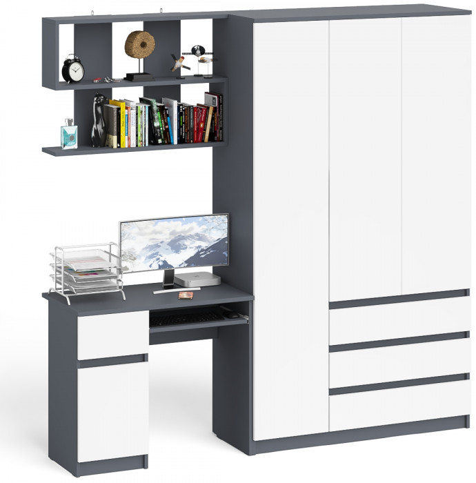 Мори Стол компьютерный МС-1 левый + Шкаф МШ1200.1 + Полка 900, цвет графит/белый, ШхГхВ 210,4х50,4х209,6 см., НЕ универсальная сборка