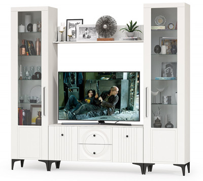 Валенсия Гостиная № 062, цвет ЛДСП белый шагрень/МДФ белый шагрень, ШхГхВ 243,1х38,3х225,2 см., ниша для ТВ 133х38х117 см.