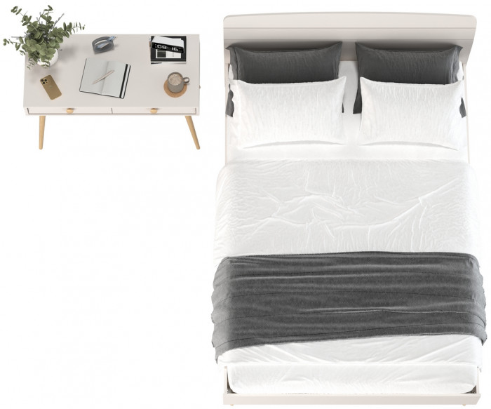 Афина Спальня Кровать 1400 + Стол, цвет кашемир серый, ШхГхВ 144,6х210,2х95,7 + 100х45х76 см., сп.м. 1400х2000 мм., б/м, основание есть