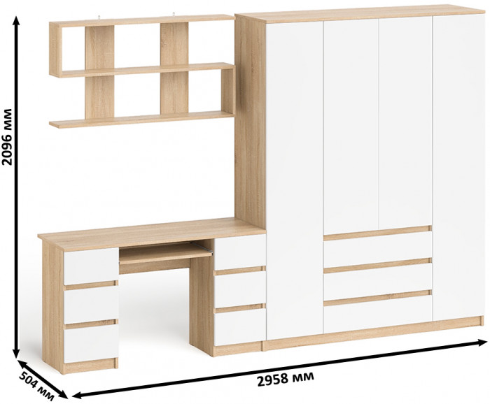 Мори компьютерный стол МС-2 + Шкаф МШ1600.1 + Полка 1200, дуб сонома/белый