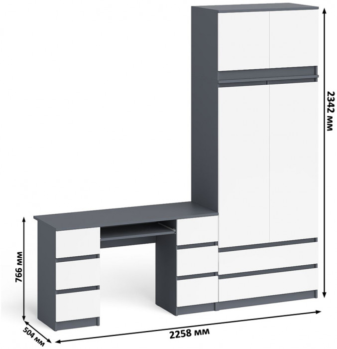 Мори Стол компьютерный МС-2 + Шкаф МШ900.1 + Антресоль МА900.1, цвет графит/белый, ШхГхВ 225,8х50,4х234,2 см., универсальная сборка