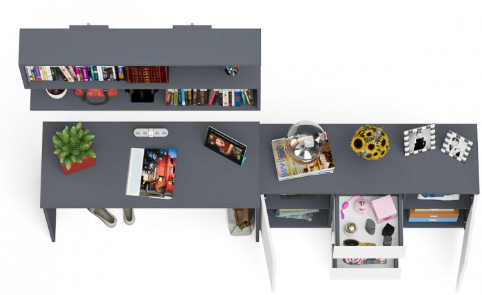 Мори Стол письменный МСП1200.1 + Комод МК1200.3 + Полка 1200, цвет графит/белый, ШхГхВ 240,8х50х209,6 см., универсальная сборка