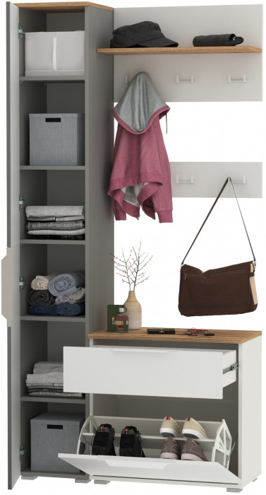 Октава Прихожая 50, цвет белый шагрень/серый графит/дуб крафт золотой/фасады МДФ белый шагрень/серый графит, ШхГхВ 97,1х35,4х197,6 см., ун. сб.