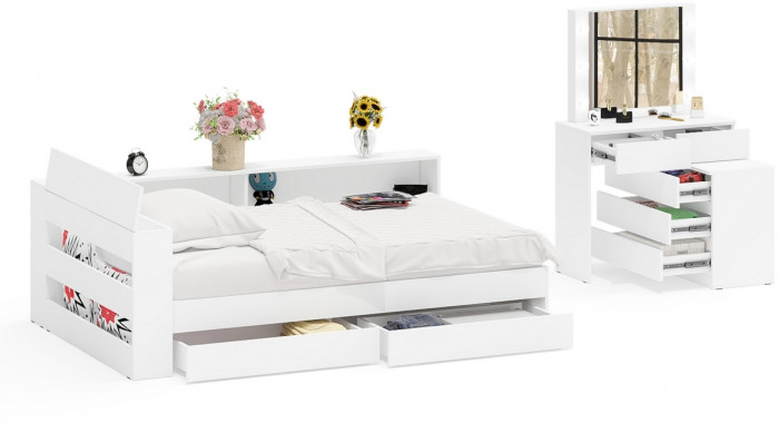 Ксения Кровать с ящиками 1200 + прикроватный блок + Столик с подсветкой 110, белый