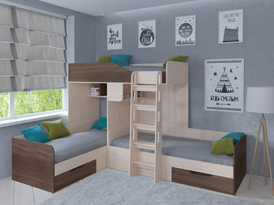 Кровать двухъярусная Трио Дуб молочный/Дуб шамони