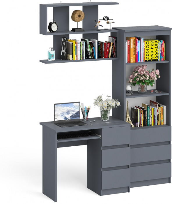 Мори компьютерный стол МС-6 правый + Стеллаж МСТ600.3 + Полка 900, графит