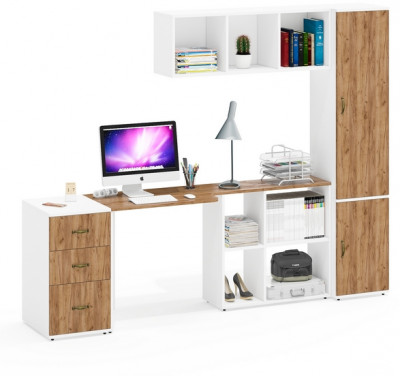 Лидер-8 Стол + Полка + Тумба МД 3.16 + Пенал МД 22Б, цвет белый шагрень/крафт золото, ШхГхВ 245х50/37,5х75/190 или 155х120/50х75/190 см., НЕ ун. сб.