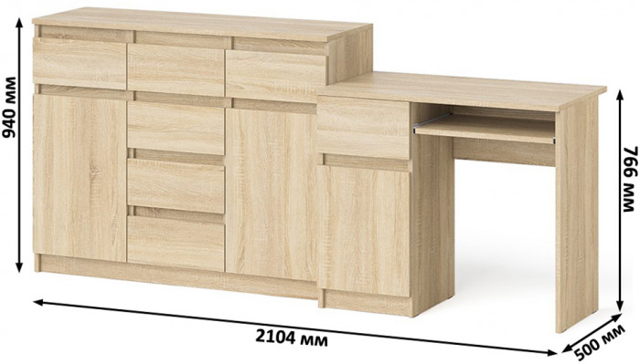 Мори Стол компьютерный МС-1 левый + Комод МК1200.4, цвет дуб сонома, ШхГхВ 210,4х50х94 см., выдвижной ящик слева, НЕ универсальная сборка