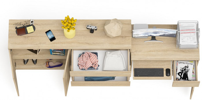 Мори Стол компьютерный МС-1 правый + Комод МК1600.1, цвет дуб сонома, ШхГхВ 250,4х50х94 см., выдвижной ящик справа, НЕ универсальная сборка