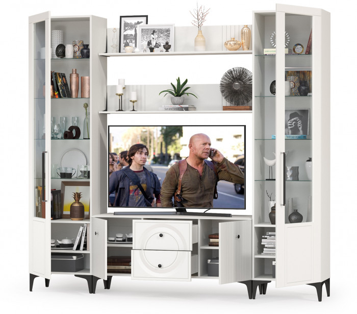 Валенсия Гостиная № 063, цвет ЛДСП белый шагрень/МДФ белый шагрень, ШхГхВ 243,1х38,3х225,2 см., ниша для ТВ 133х38х117 см.