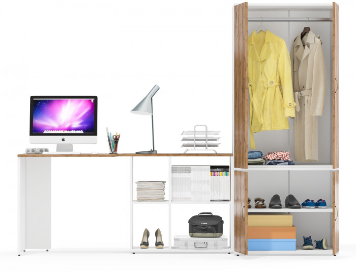 Лидер-8 Стол + Шкаф МД 19Б, белый шагрень/крафт золото