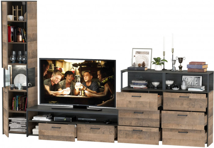 Трувор Гостиная 102, цвет дуб гранж песочный/интра, ШхГхВ 326,6х45,4х210 см., универсальная сборка