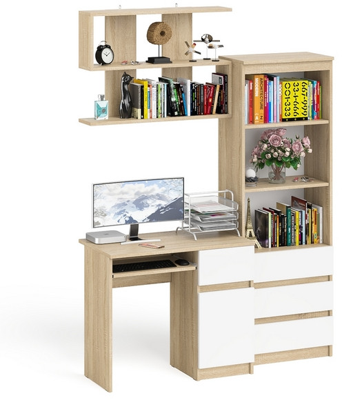 Мори компьютерный стол МС-1 правый + Стеллаж МСТ600.3 + Полка 900, дуб сонома/белый