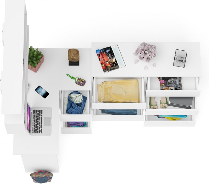 Мори компьютерный стол МС-16 правый + Комод МК1200.8 + Полка 1200, белый