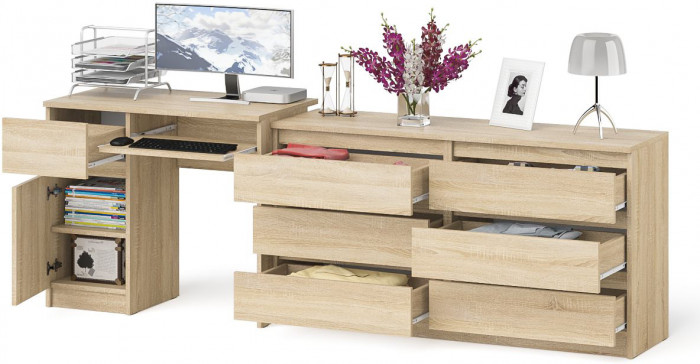 Мори Стол компьютерный МС-1 левый + Комод МК1380.6, цвет дуб сонома, ШхГхВ 228х50х76,6 см., выдвижной ящик слева, НЕ универсальная сборка