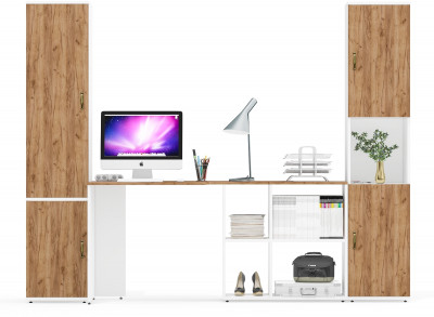 Лидер-8 Пенал МД 22Б + Стол + Пенал, цвет белый шагрень/крафт золото, ШхГхВ 245х50/37,5х75/190 или 155х120/50х75/190 см., НЕ универсальная сборка